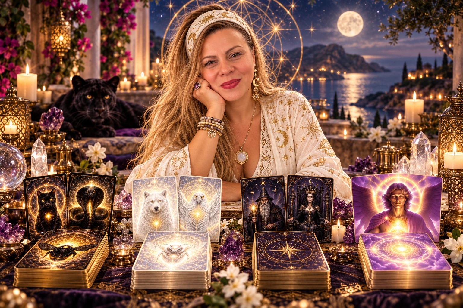 Olivera in einer mondbeschienenen Welt, umgeben von ihren Krafttier-, Tarot- und Engelkarten